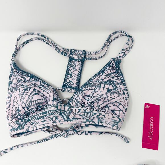 New Xhilaration XSmall Pink Blue Tribal Print Halter Bikini Top S Hipster Bottom - Picture 2 of 13